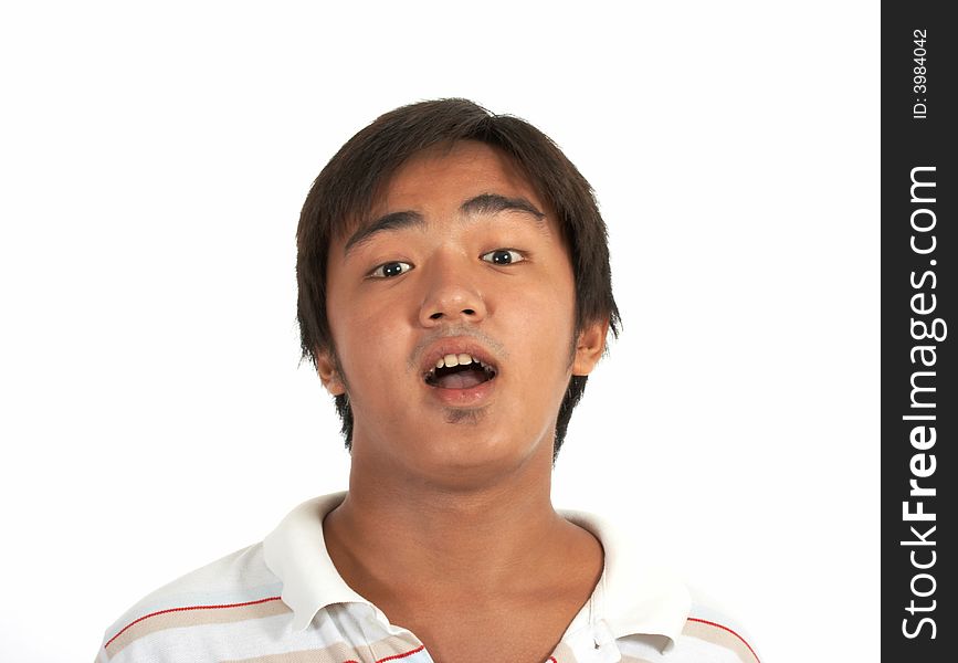 A surprised man over a white background