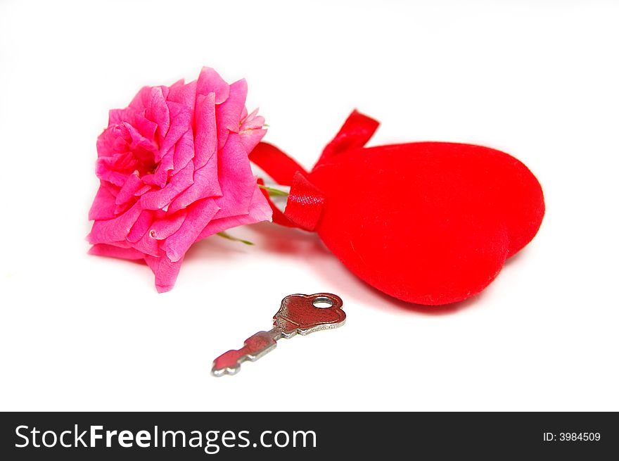 Fabric red heart with key and rose. Fabric red heart with key and rose