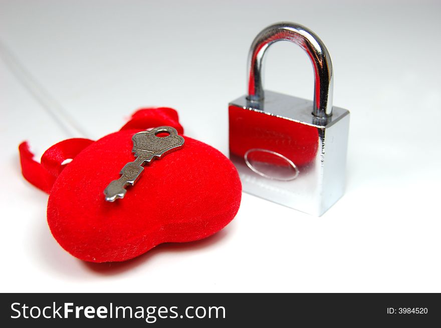 Fabric deep red heart, key and padlock. Fabric deep red heart, key and padlock