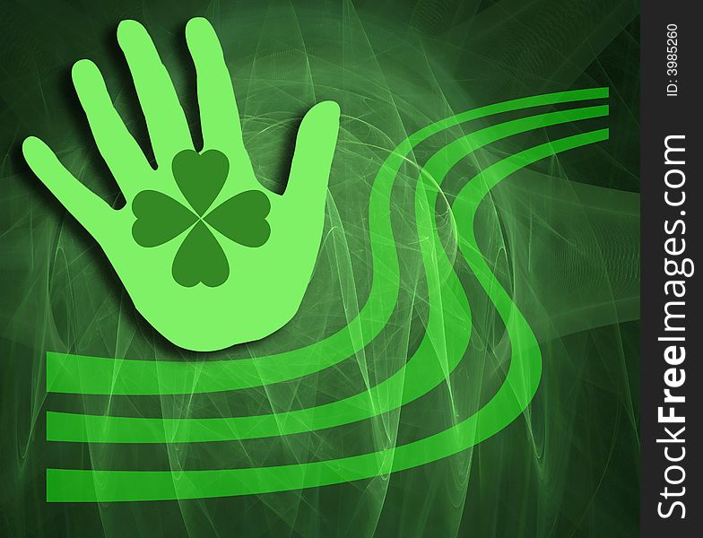 This design has a playful green abstract background and shows a hand with a four-leaf clover. This design has a playful green abstract background and shows a hand with a four-leaf clover.