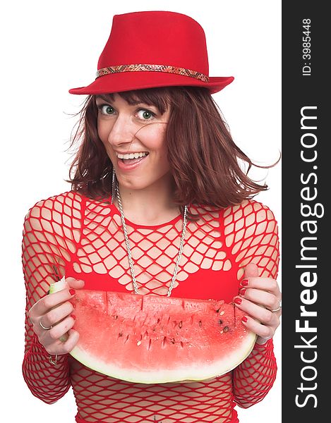 The beautiful girl eats a water-melon