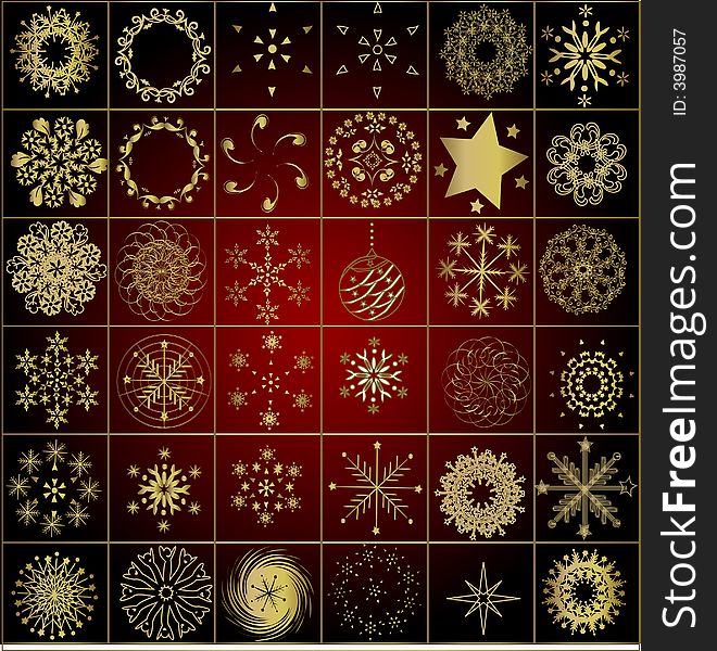 Collection of gold winter snowflakes - christmas background - HAPPY NEW YEAR!