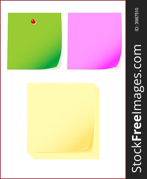 Yellow pink green note with black pin over white background - post-it