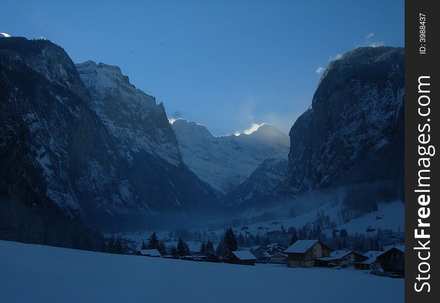 Alps valley in winter