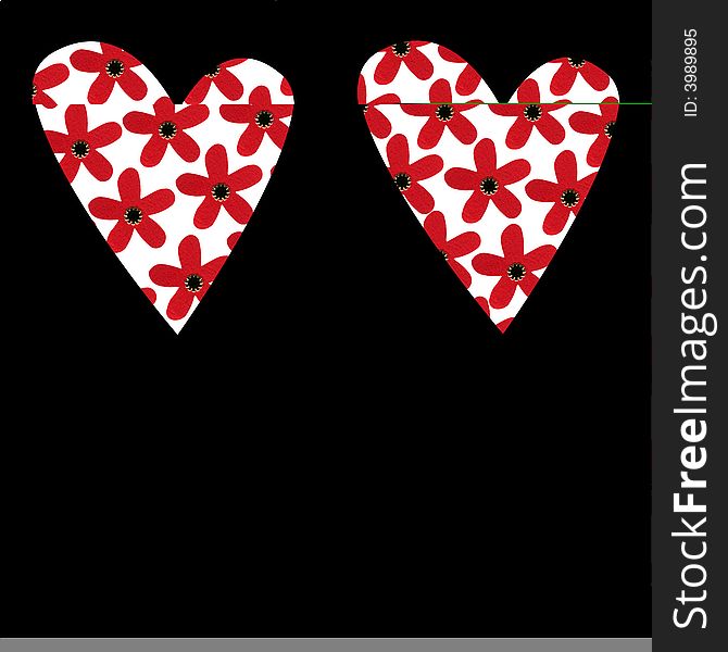 Two valentine hearts with flowers background