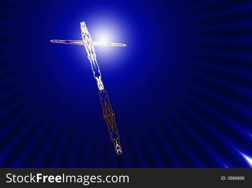 Divine light shines on a tilted cross stylized by fractals. Divine light shines on a tilted cross stylized by fractals
