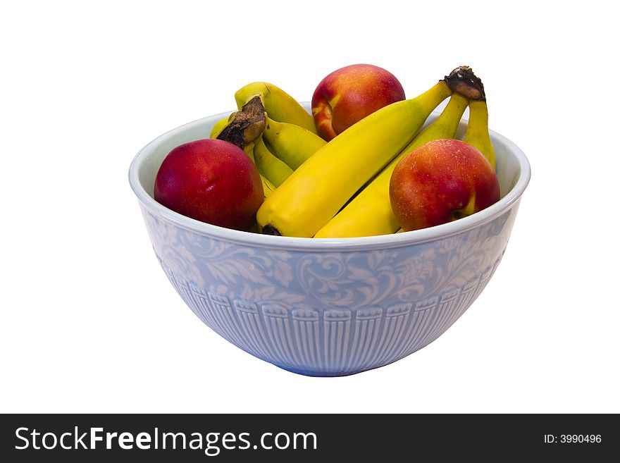 Blue bowl with bananas and nectarines on pure white background. Blue bowl with bananas and nectarines on pure white background