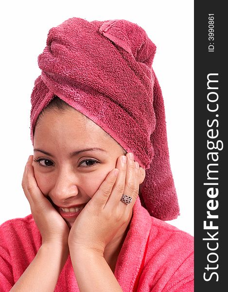 Beautiful woman wearing a red towel on her head