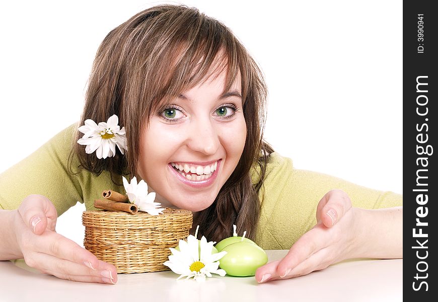 Beautiful woman with flower in hair / aromatherapy, spa. Beautiful woman with flower in hair / aromatherapy, spa