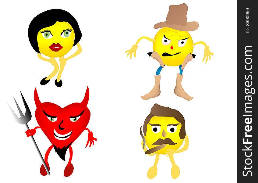 Various smiley face characters, cowboy, woman, devil, and guy smoking a cigar. Various smiley face characters, cowboy, woman, devil, and guy smoking a cigar