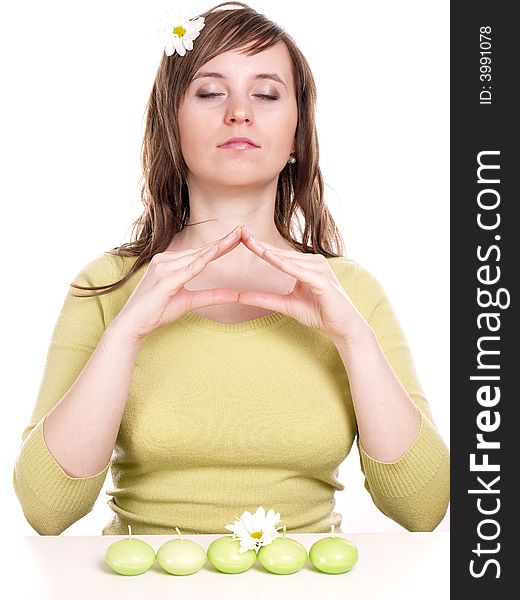 Young brunette woman relaxing/ on the white background. Young brunette woman relaxing/ on the white background