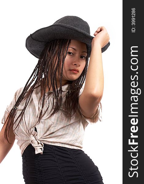 A sexy cowgirl over a white background