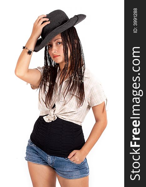 A sexy cowgirl over a white background