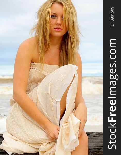 Beautiful girl on the beach sitting on drift wood. Beautiful girl on the beach sitting on drift wood