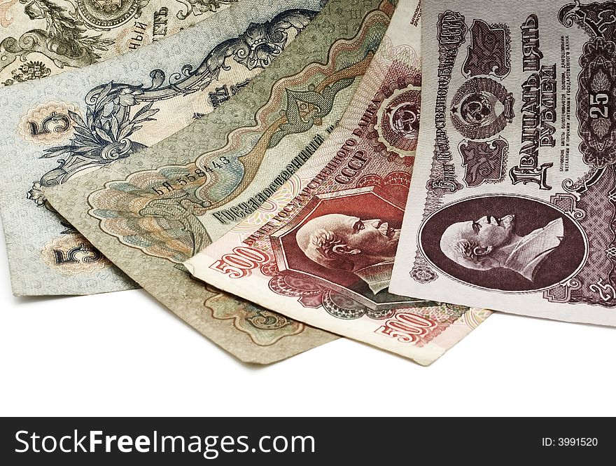 �ld paper banknoty, located a fan on a white background. Russia. �ld paper banknoty, located a fan on a white background. Russia.
