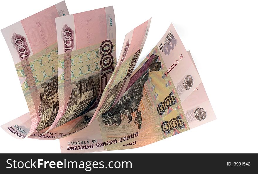 Five Russian banknotes of denomination on hundred roubles, are located by a fan on a white background. Five Russian banknotes of denomination on hundred roubles, are located by a fan on a white background.