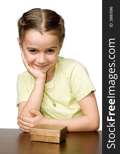 Nice girl on a table, white background