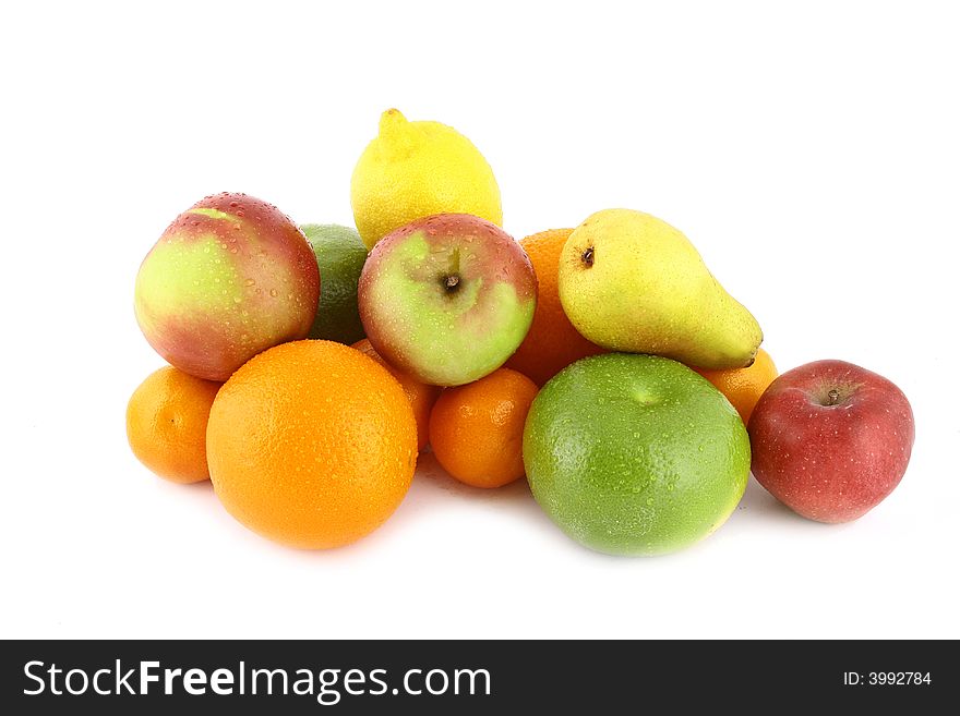 A lot of delicious fresh fruits on white background