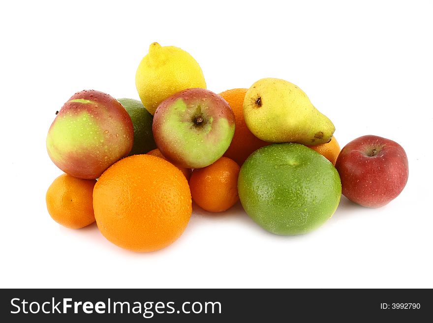 A lot of delicious fresh fruits on white background