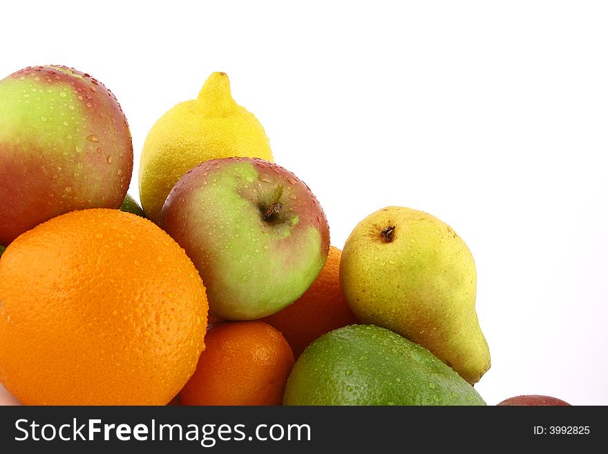 A lot of delicious fresh fruits on white background