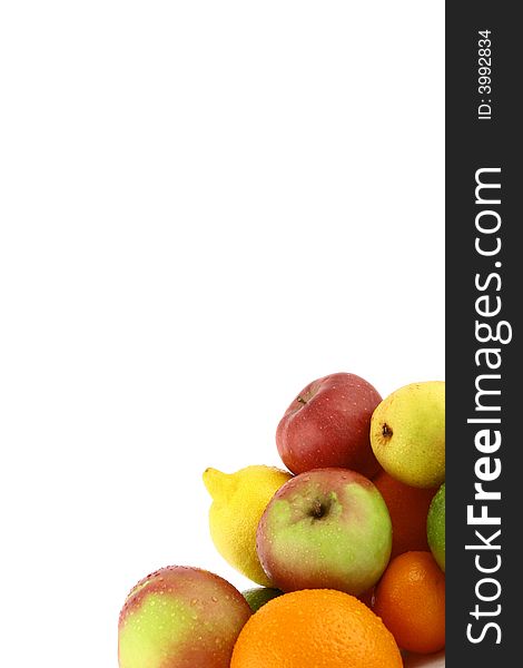 A lot of delicious fresh fruits on white background