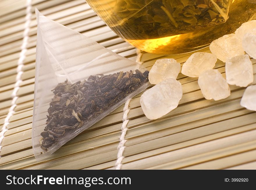 White tea, nylon tea-bag and sugar