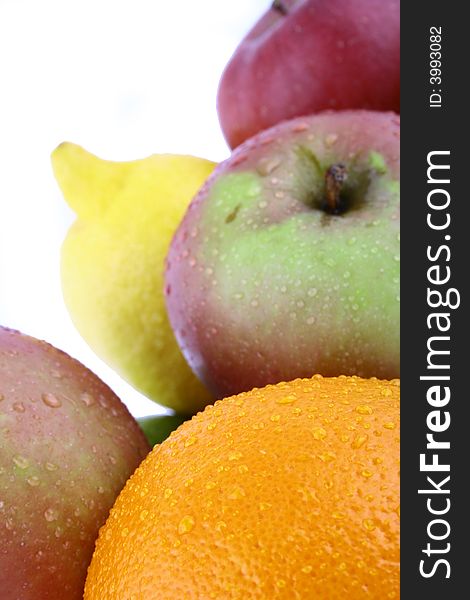 A lot of delicious fresh fruits on white background