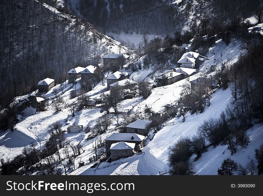 Small mountain village in the winter