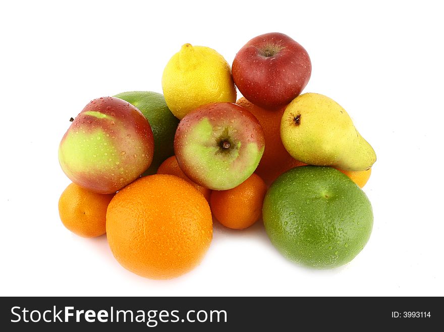 A lot of delicious fresh fruits on white background