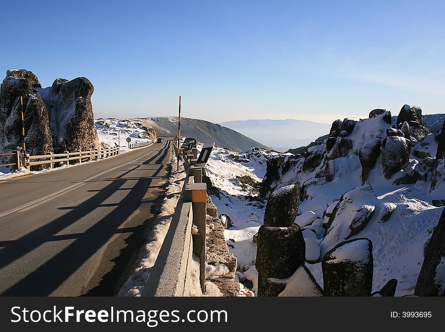 Road on a snow moutain. Road on a snow moutain