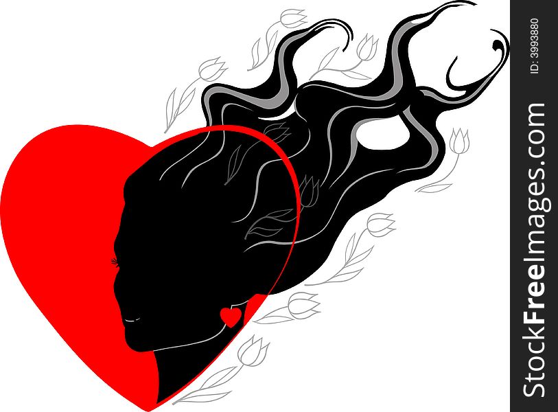 Silhouette of a female head on a background of heart