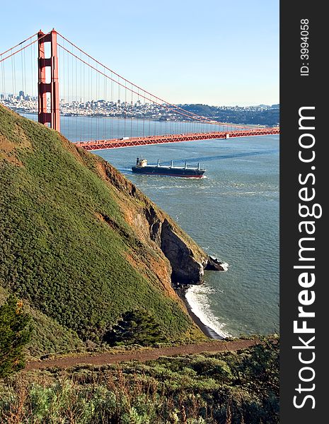 Ship sailing Under the Golden Gate Bridge. Ship sailing Under the Golden Gate Bridge