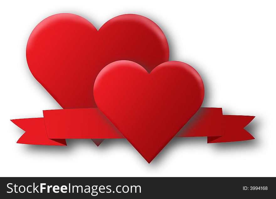 Red hearts and a ribbon illustration with white background