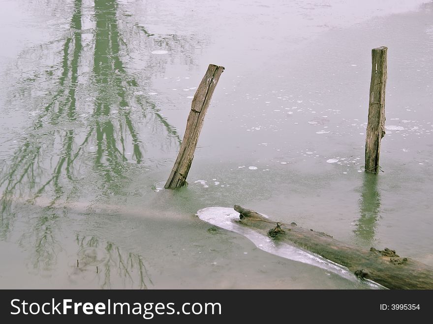 Frozen wooden post in a lake with tree reflection. Frozen wooden post in a lake with tree reflection