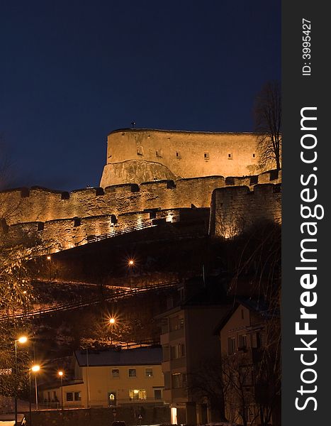 Festung in Kufstein, old prison and fortification building in Austrian Alps - as seen from the south, showing the path leading to the main courtyard