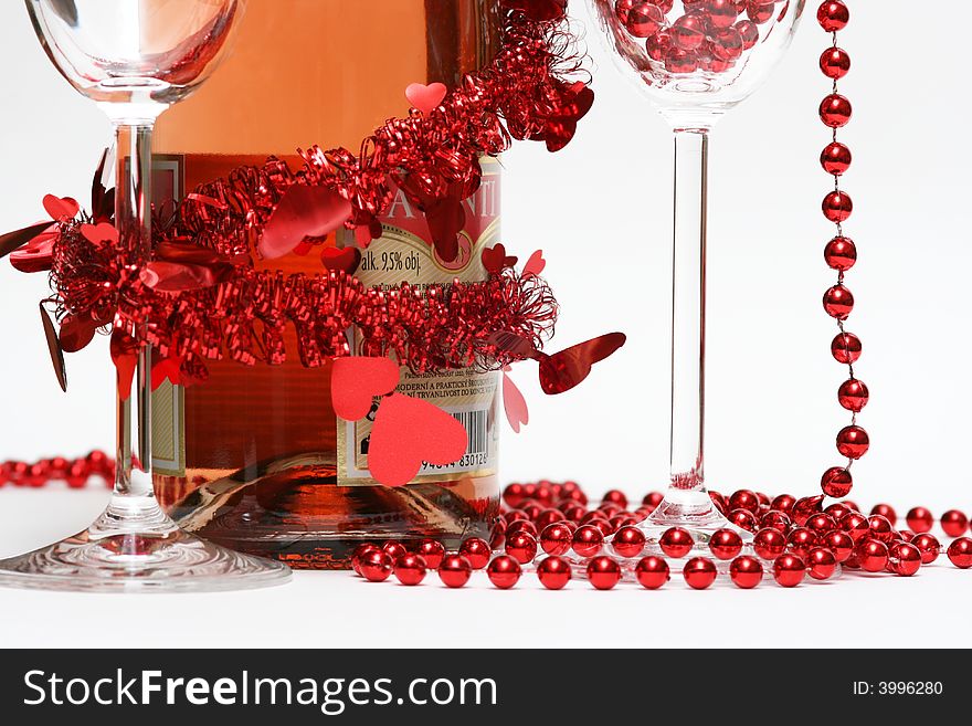 Valentine champagne and two glasses on white background. Valentine champagne and two glasses on white background.