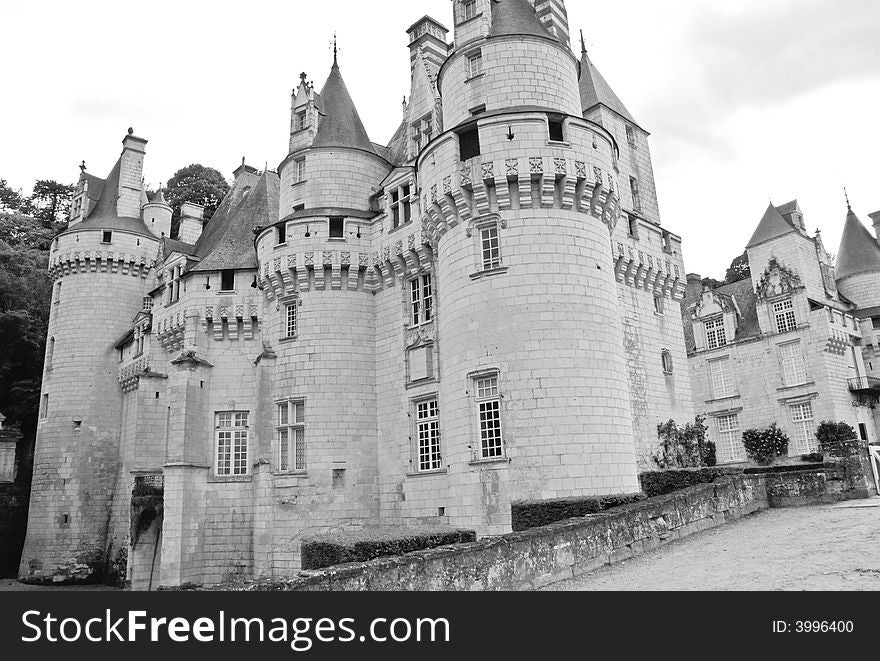 Chateau UsseÌ, Loire Valley, France. Monochrome photo.
