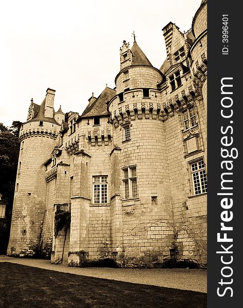 Chateau UsseÌ, Loire Valley, France. Monochrome (sepia toned) photo.