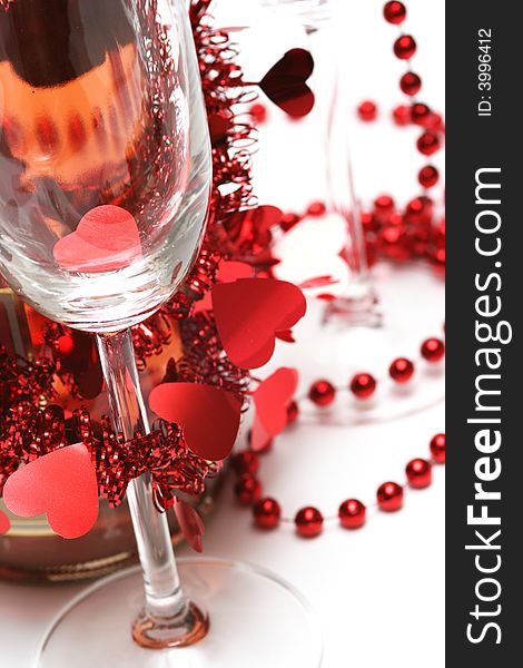 Valentine champagne and two glasses on white background. Valentine champagne and two glasses on white background.