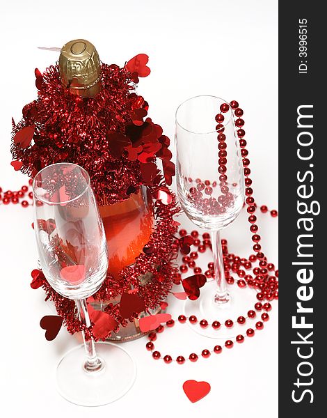 Valentine champagne and two glasses on white background.