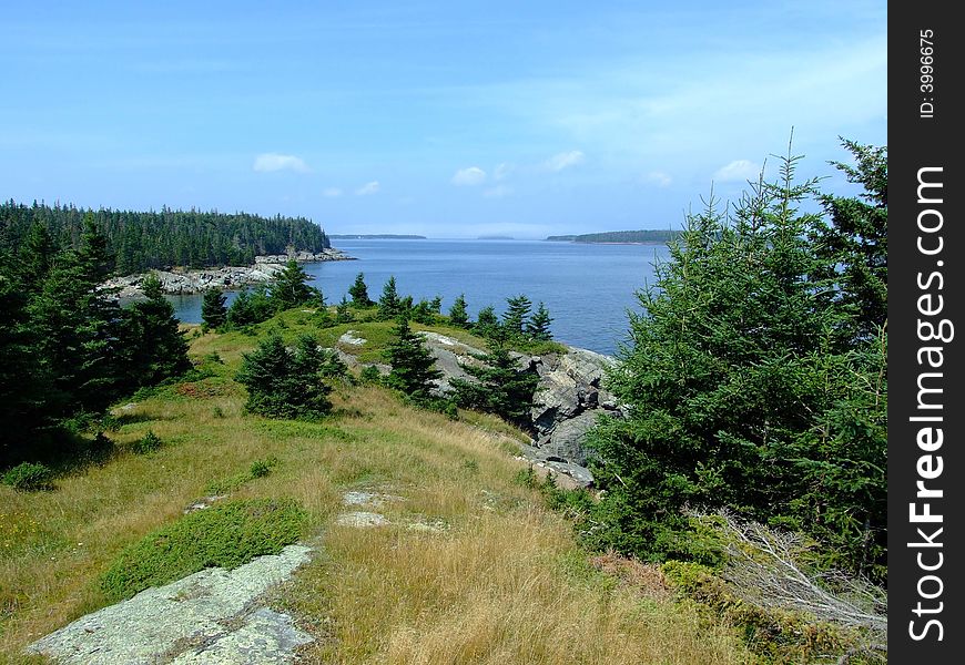 Seascape from Moshers Island with a fog bank in the background . Moshers Island Lahave Lunenburg County Nova Scotia Canada. Seascape from Moshers Island with a fog bank in the background . Moshers Island Lahave Lunenburg County Nova Scotia Canada