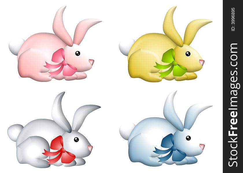 A clip art illustration of 4 Easter bunny rabbits wearing bows around their necks in pink, yellow, white and blue - isolated on white