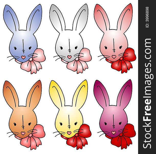 A clip art illustration featuring 6 Easter bunny heads wearing bows in blue, white, pink, brown, yellow and purple isolated on white. A clip art illustration featuring 6 Easter bunny heads wearing bows in blue, white, pink, brown, yellow and purple isolated on white