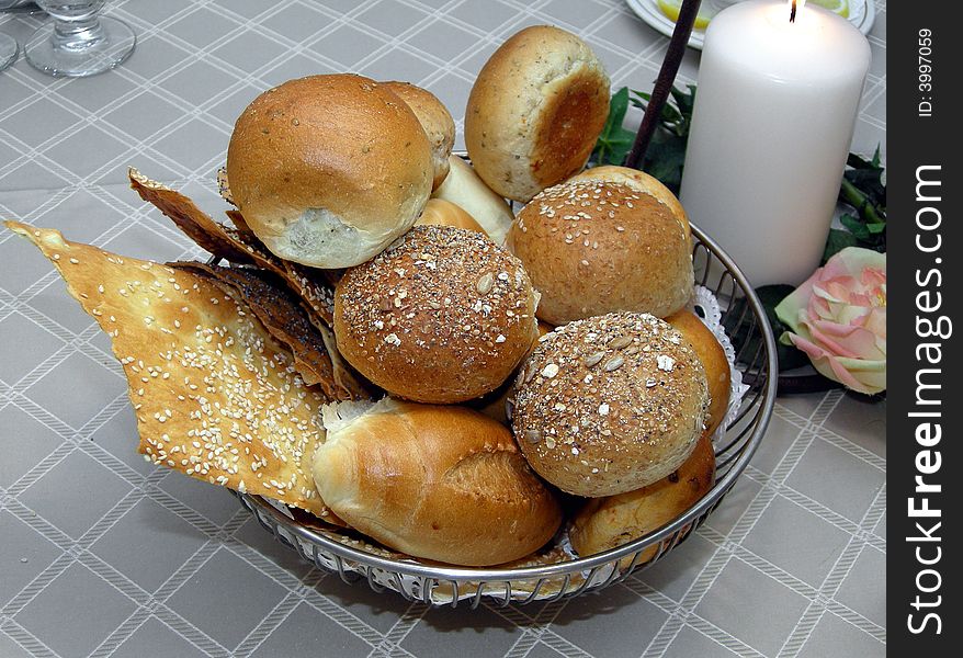 A bread basket on a restaurant table. A bread basket on a restaurant table.