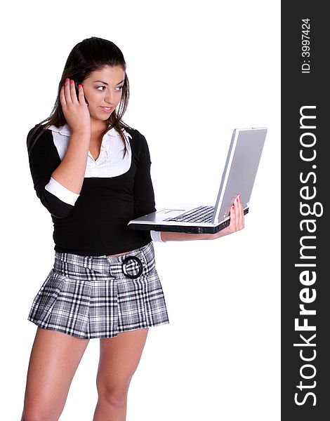 Pretty laptop girl on phone. Pretty laptop girl on phone