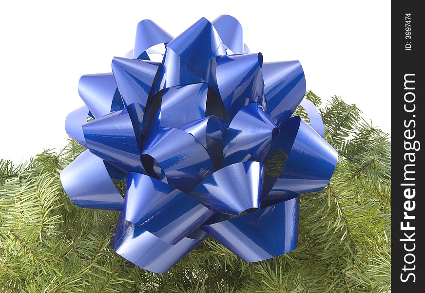 A blue bow and garland against a white background.