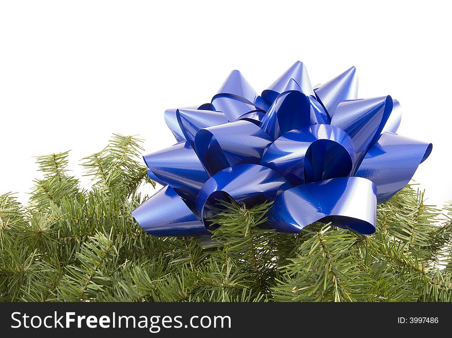 A blue bow and garland against a white background.