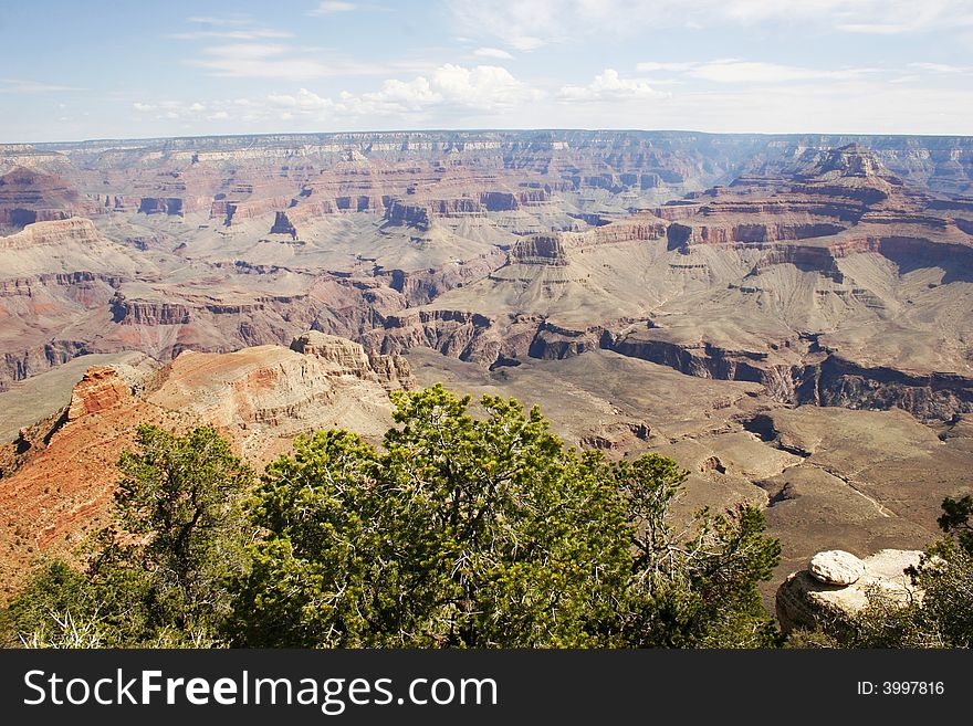Wide angle view of the Grand Canyon from the south rim.