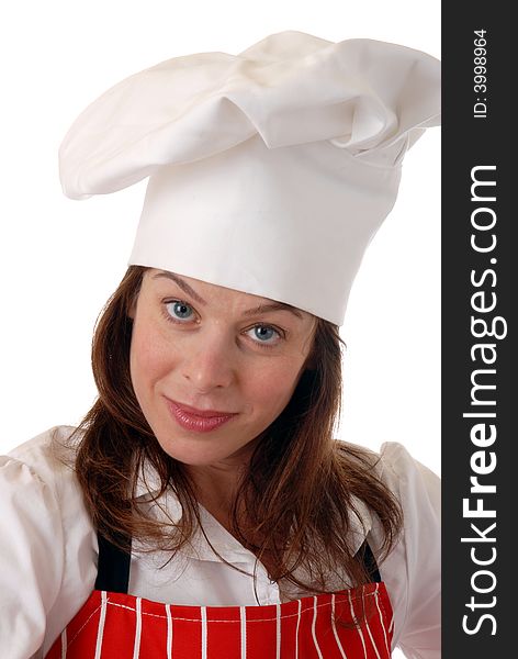 Portrait of pretty female chef in red apron smiling, isolated on white. Portrait of pretty female chef in red apron smiling, isolated on white