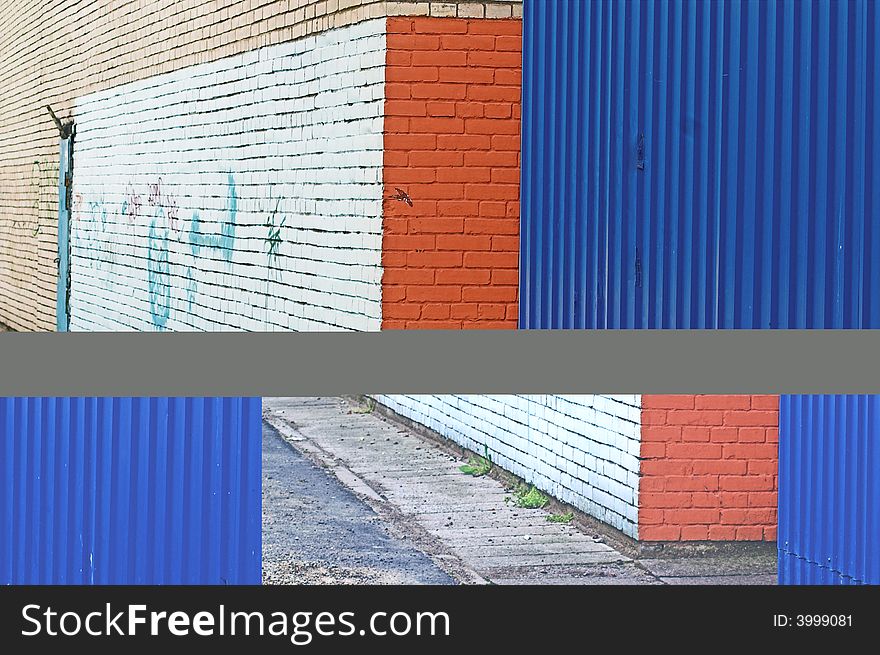 Close-up view of corner and painted wall with graffiti